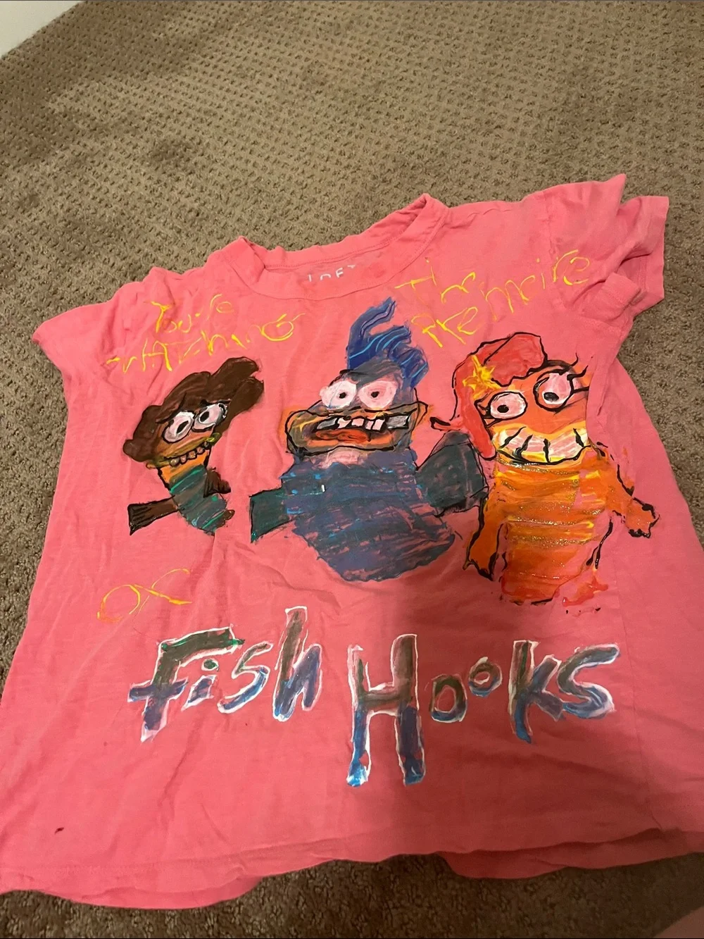 handpainted fish hooks pink tee by Sara haber